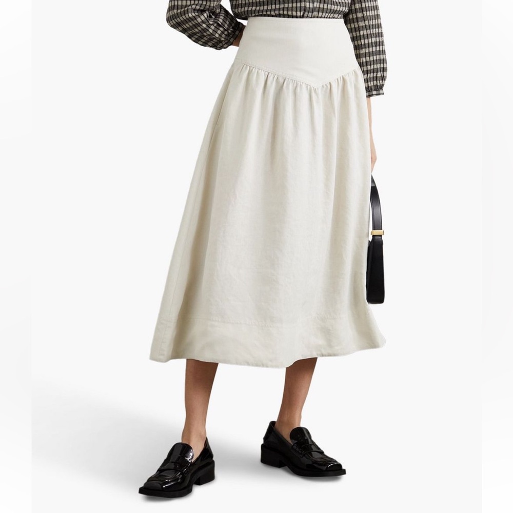 Cream Smocked A-Line Midi Skirt for Work